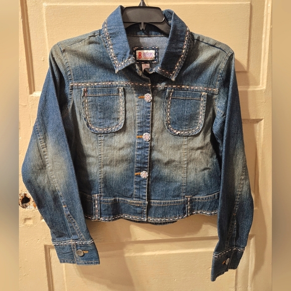 bill blass Jackets & Blazers - Bill Blass Vintage 90s Y2k Cropped Dark Wash Denim Jewel Button Jean Jacket GUC